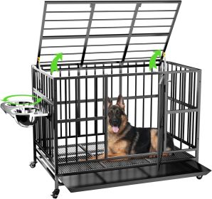 48" Heavy Duty Dog Crate with Wheels/Unique Air Lift Rod / 360° & Adjustable 2 Bowls/Removable Dog Cage